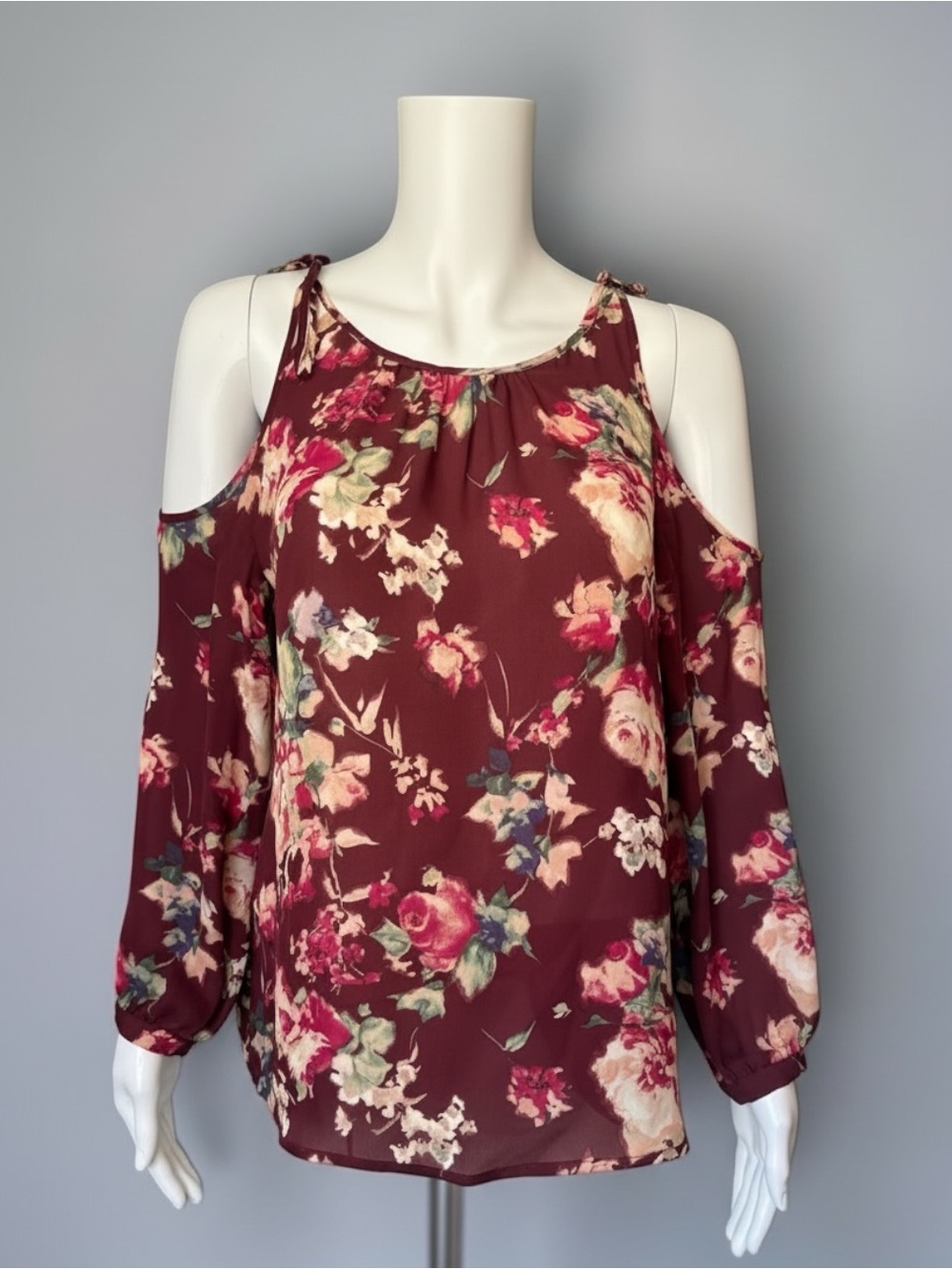 Joie Jillete Cold Shoulder Silk Blouse Burgundy Floral Size S